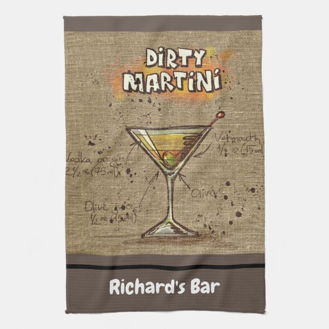 Dirty Martini Recipe Personalised Bar Burlap Tea Towel (Vertical)