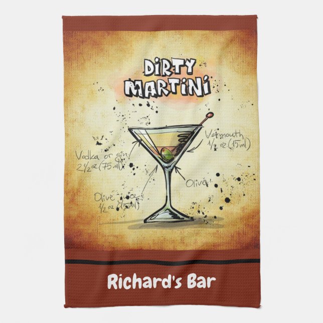Dirty Martini Recipe Personalised Custom Bar Gold Tea Towel (Vertical)