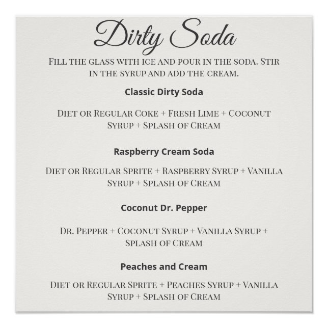 Dirty Soda Bar Sign with Recipes for Wedding (Front)