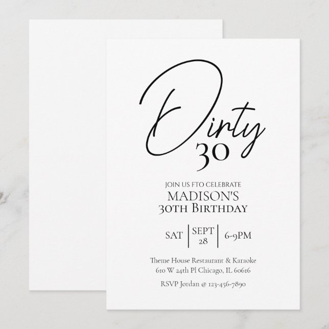 Dirty Thirty 30th Black & White Birthday Invitation (Front/Back)
