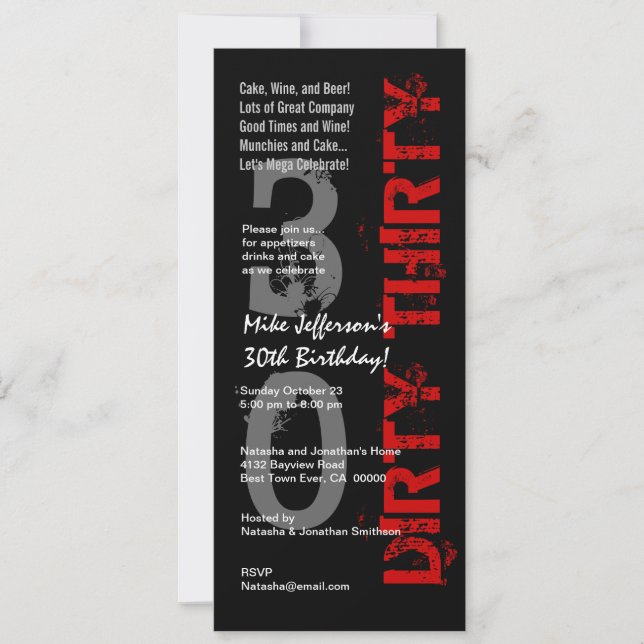 DIRTY THIRTY Birthday Black White Red Tall Invitation (Front)