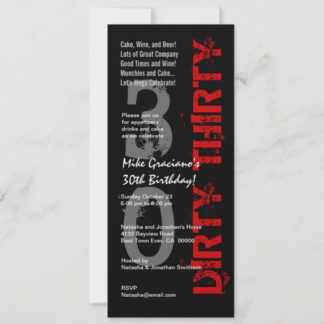 DIRTY THIRTY Birthday Black White Red Tall Invitation (Front)