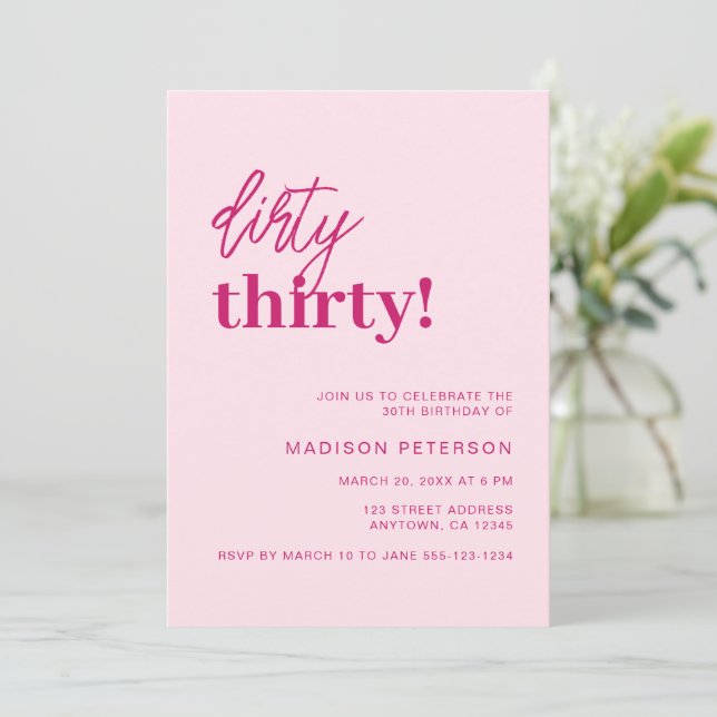 Dirty Thirty Modern Blush Pink Birthday Party Invitation (Standing Front)