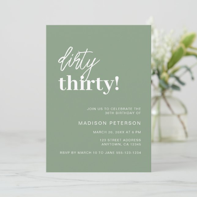 Dirty Thirty Modern Sage Green Birthday Party Invitation (Standing Front)