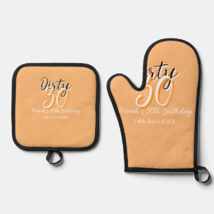 Dirty thirty orange white simple retro birthday ad oven mitt & pot holder set