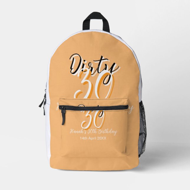 Dirty thirty orange white simple retro birthday ad printed backpack (Front)