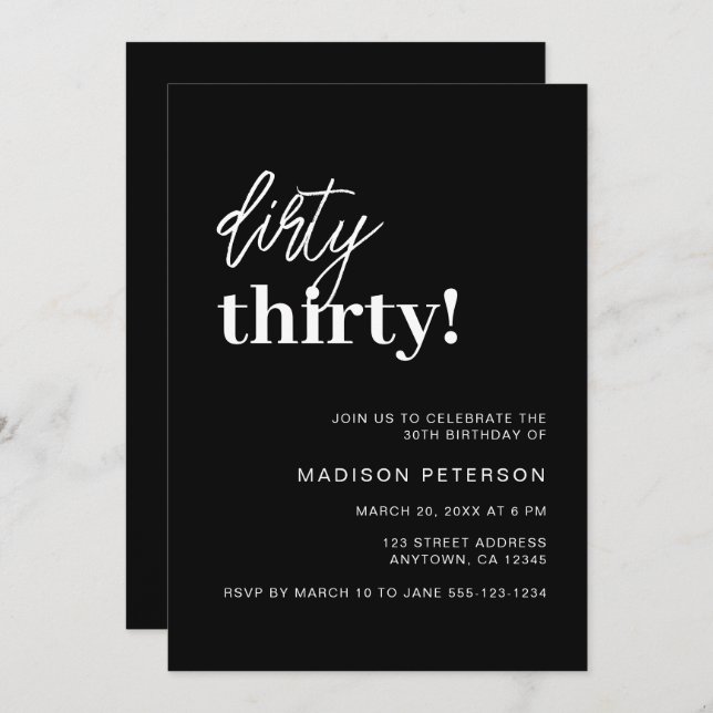 Dirty Thirty Simple Black & White Birthday Party Invitation (Front/Back)