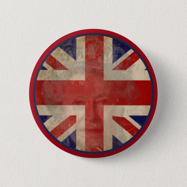 Dirty U.K. Flag Button with Queen Elizabeth II (Front)