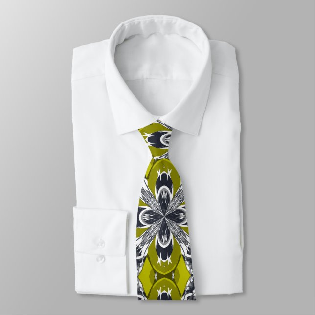 Dirty Yellow Grey and White Repeat Tile Pattern Tie (Tied)