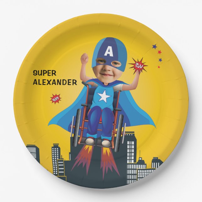 Disabled Flying Superhero Wheelchair Fun Birthday Paper Plate (Front)