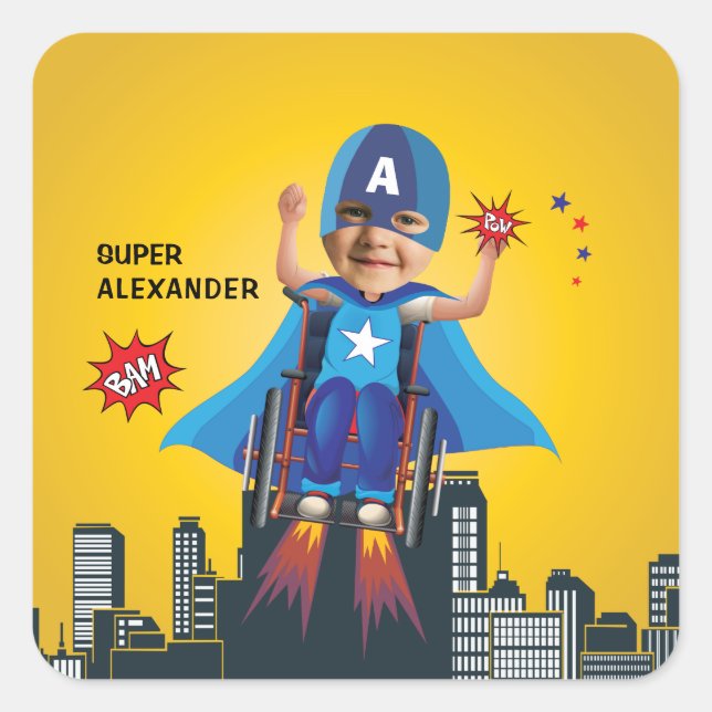 Disabled Flying Superhero Wheelchair Fun Birthday Square Sticker (Front)