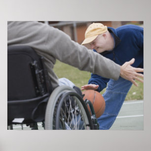 Disabled man playing basketball with his son poster