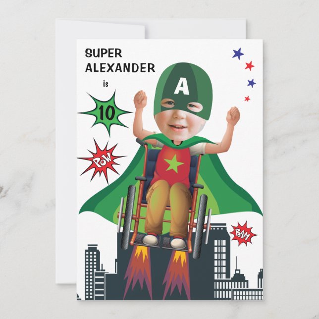 Disabled Superhero Birthday Fun Flying Wheelchair Invitation (Front)