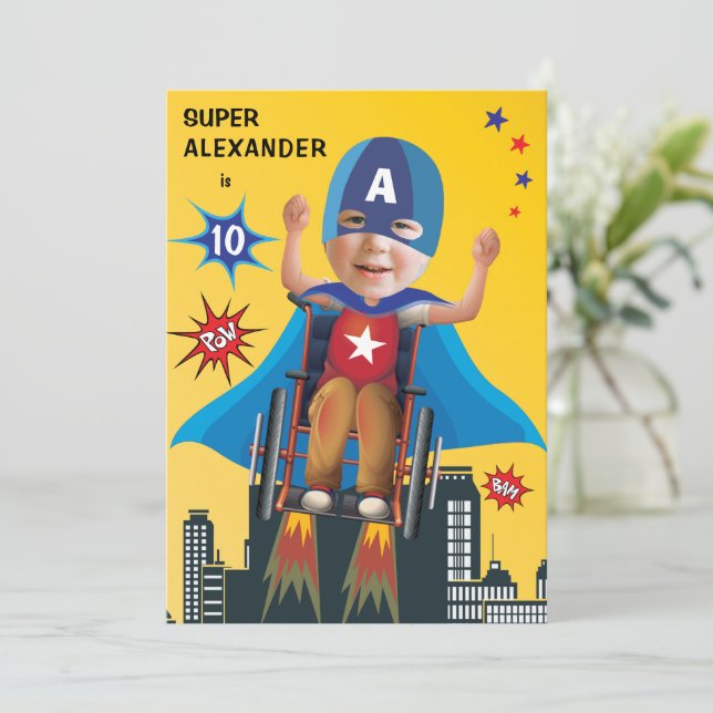 Disabled Superhero Flying Wheelchair Fun Birthday  Invitation (Standing Front)