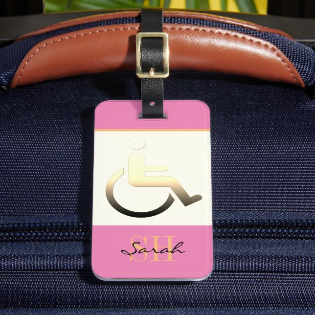 Disabled Symbol & monogrammed / Luggage Tag pink (Front Insitu 2)