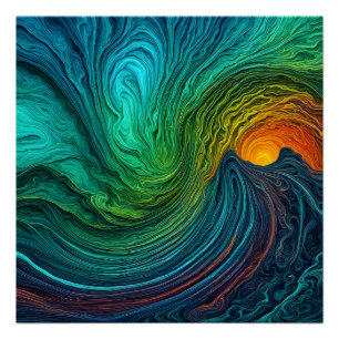 "Disappearing Sun" Abstract Fractal Waves Poster