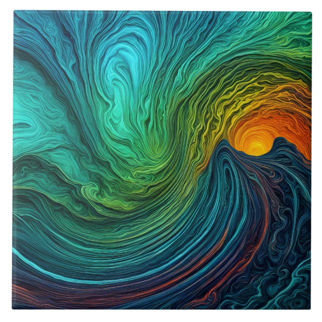 "Disappearing Sun" Abstract Fractal Waves Tile (Front)