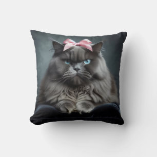 Disapproving Cat: Fluffy Gray Cat with Pink Bow. Cushion