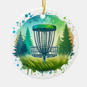 Disc Golf Basket and Pine Trees Blue and Green Ceramic Tree Decoration