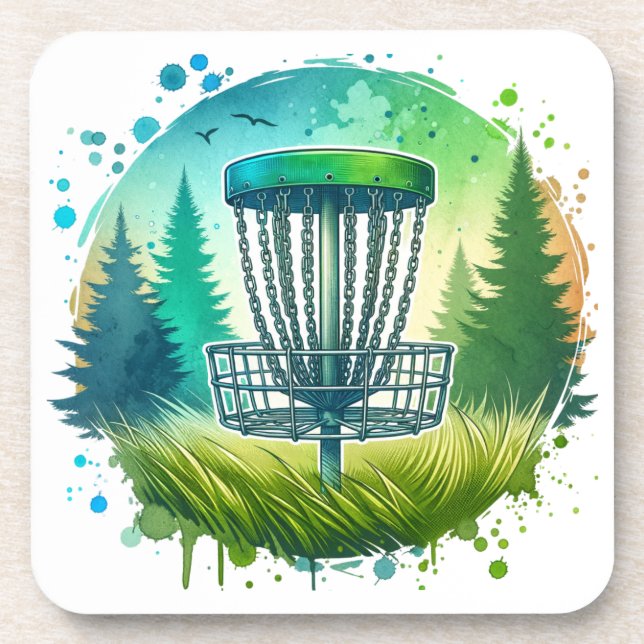 Disc Golf Basket and Pine Trees Blue and Green Coaster (Front)