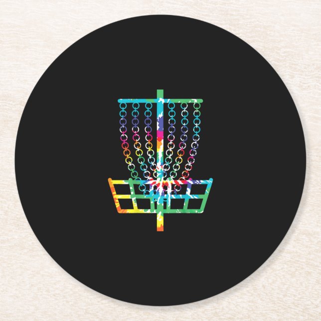 Disc Golf Basket - Hippie Rainbow Gift Round Paper Coaster (Front)