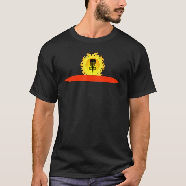 Disc Golf Basket Silhouetted With Sun Setting T-Shirt (Front)