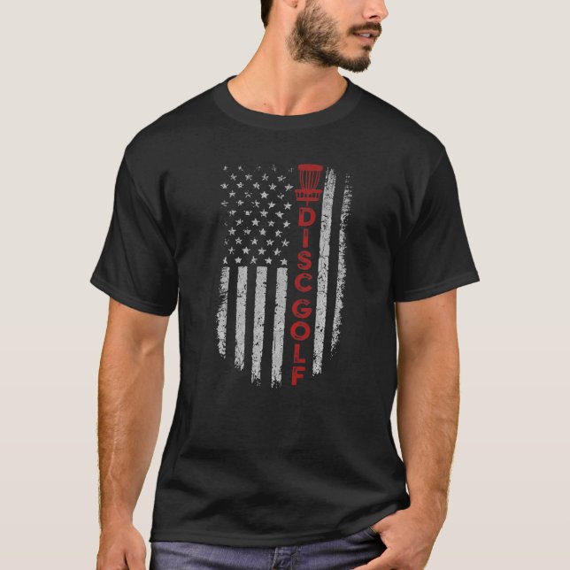 Disc Golf Basket US Flag For Disc Golfers July 4th T-Shirt (Front)