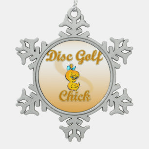 Disc Golf Chick Snowflake Pewter Christmas Ornament
