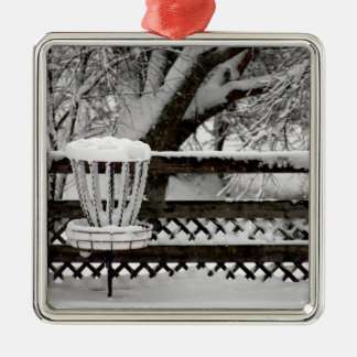 Disc Golf Goal Post in Snow Metal Tree Decoration