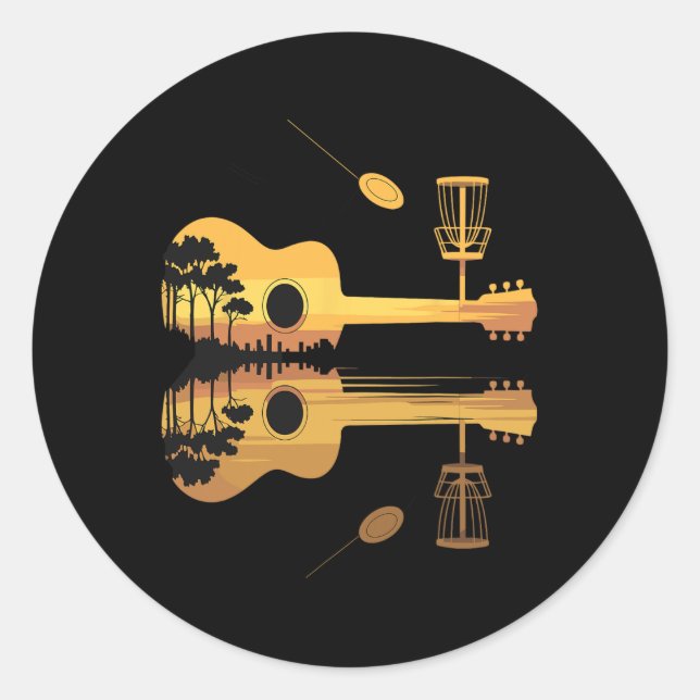 Disc Golf Guitar Sunset Nature Reflection Player G Classic Round Sticker (Front)