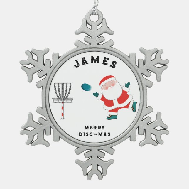 Disc Golf Holiday Gift Snowflake Pewter Christmas Ornament (Front)