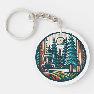 Disc Golf in the Woods Retro Vibe Art Key Ring