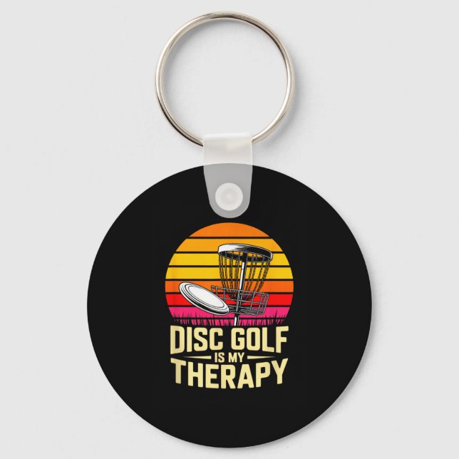 Disc Golf Is My Therapy Retro Sunset Frisbee  Key Ring (Front)