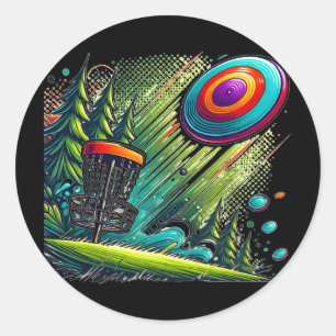 Disc Golf Motif, Retro Style Disc Golf Sket Design Classic Round Sticker