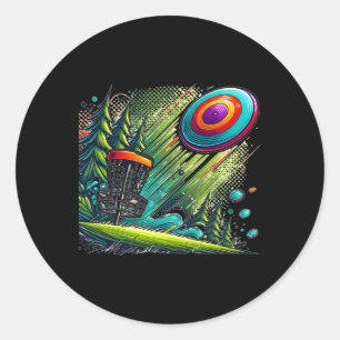 Disc Golf Motif, Retro Style Disc Golf Sket Design Classic Round Sticker