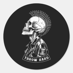 Disc Golf Player Punk Rock Skull Mohawk Throw Hard Classic Round Sticker