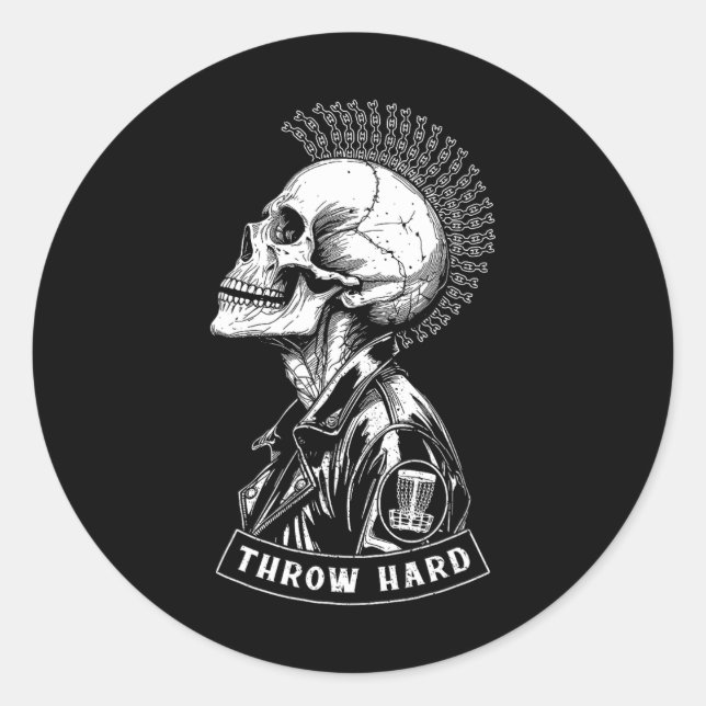 Disc Golf Player Punk Rock Skull Mohawk Throw Hard Classic Round Sticker (Front)