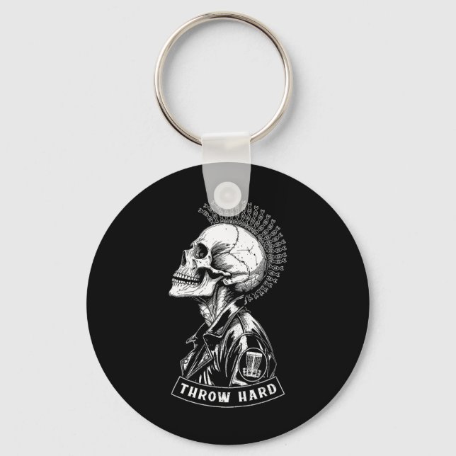 Disc Golf Player Punk Rock Skull Mohawk Throw Hard Key Ring (Front)
