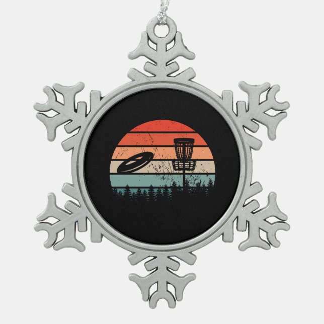 Disc Golf Retro Snowflake Pewter Christmas Ornament (Front)