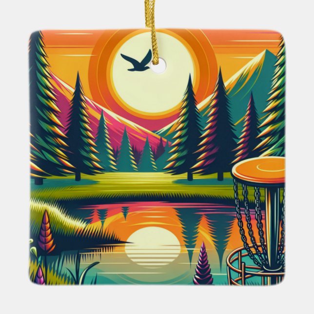  Disc Golf Sunset and Trees Merry Disc-Mas Ceramic Ornament (Front)