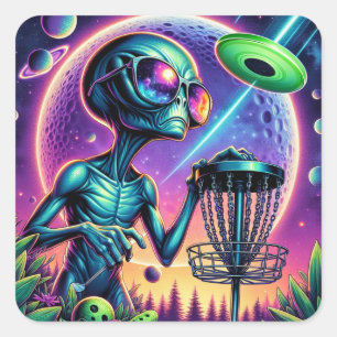 Disc Golfing Alien   Square Sticker