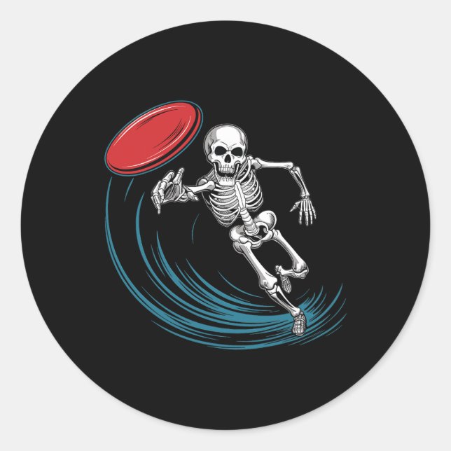 Disc Golfing Skeleton Halloween Men Boys Disc Golf Classic Round Sticker (Front)