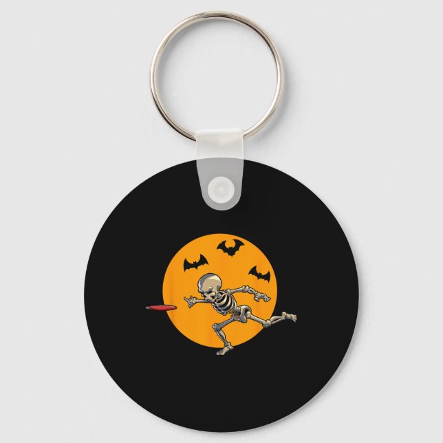 Disc Golfing Skeleton Halloween Men Disc Golf Hall Key Ring (Front)