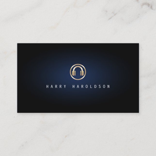 Disc Jockey Elegant Gold Music Note Icon Blue Glow Business Card (Front)