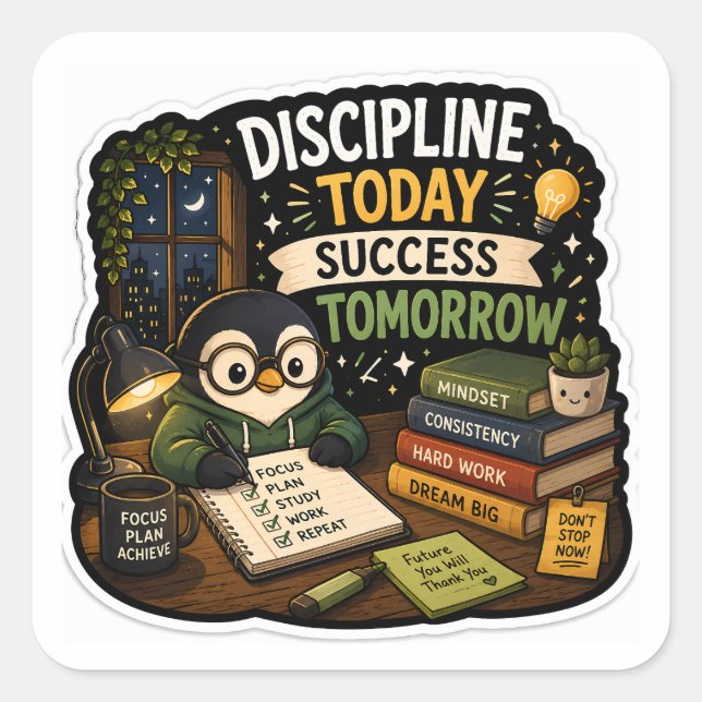 Discipline Today, Success Tomorrow – Study Penguin Square Sticker (Front)