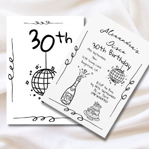 Disco 30th Birthday Hand Drawn Whimsical Invitation