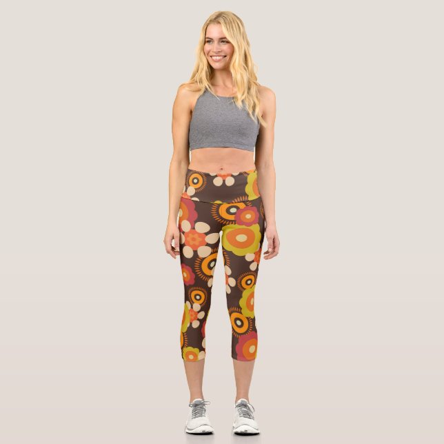 Disco 70s 60s Retro Flowers Pop Culture Capri Leggings (Front)
