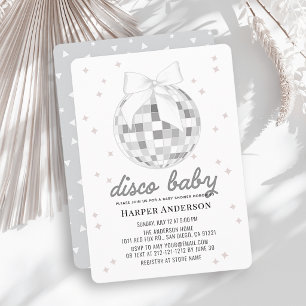 Disco Baby Silver Disco Ball Bow Baby Shower Invitation