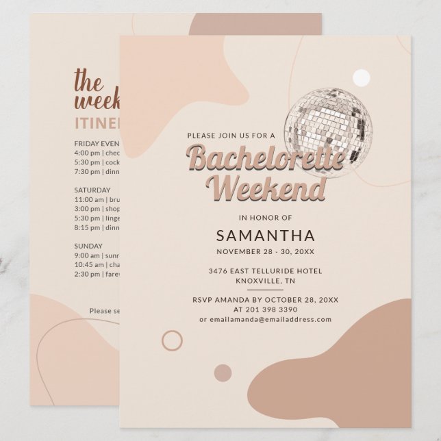 Disco Bachelorette Weekend Party with Itinerary  Invitation (Front/Back)