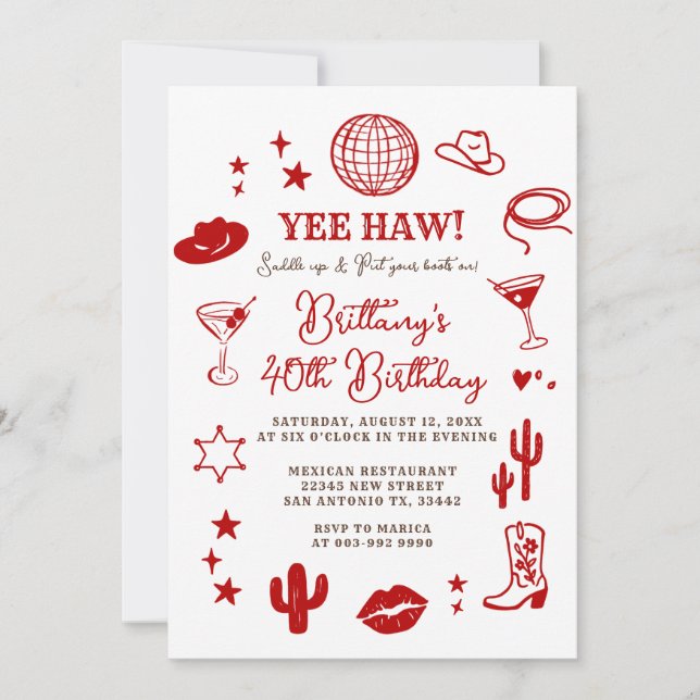 Disco Ball 21st Western Birthday Red Cowgirl  Invitation (Front)